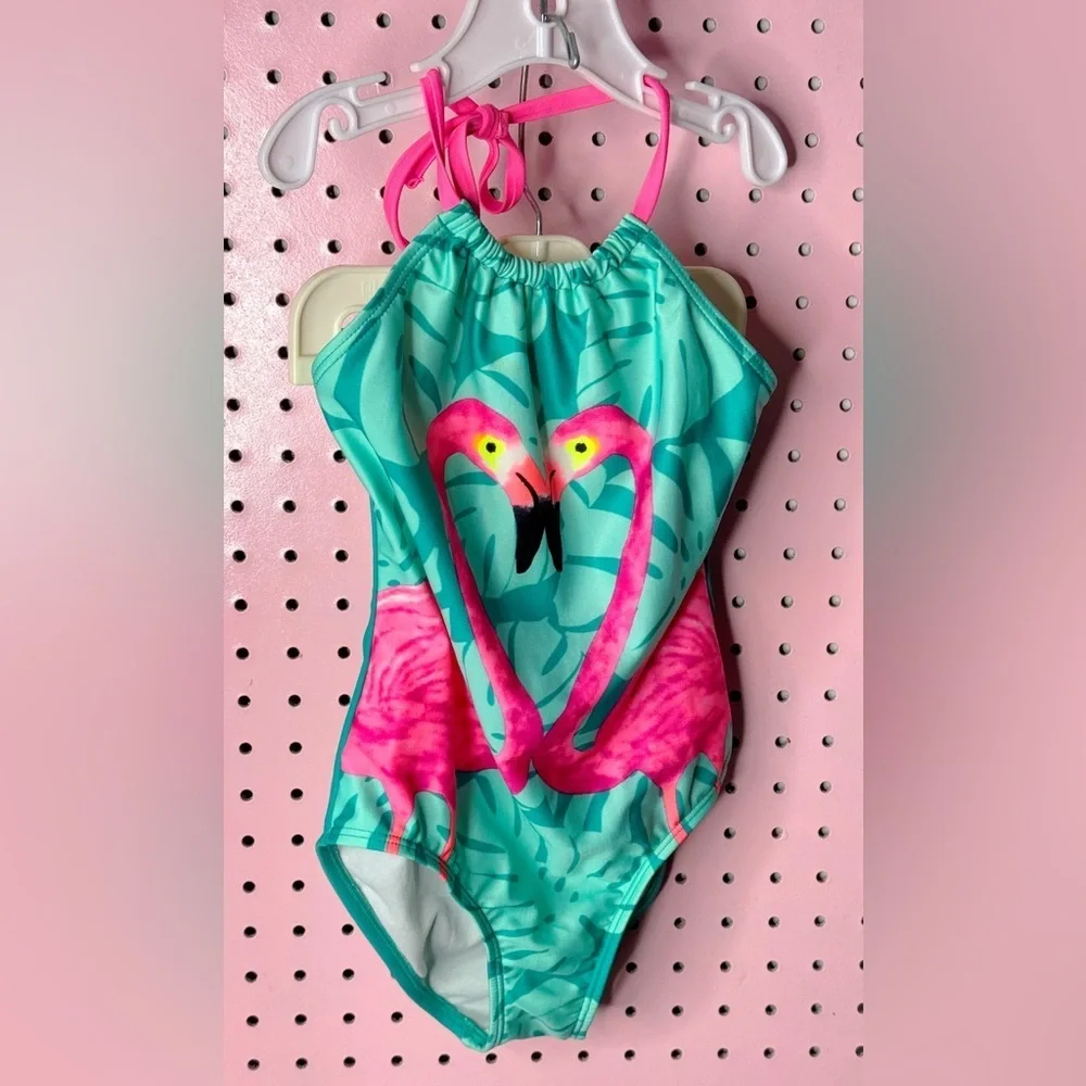 Cat & Jack Flamingo One Piece Swimsuit Girls Size 6 6X Tropical Pink Blue Beach